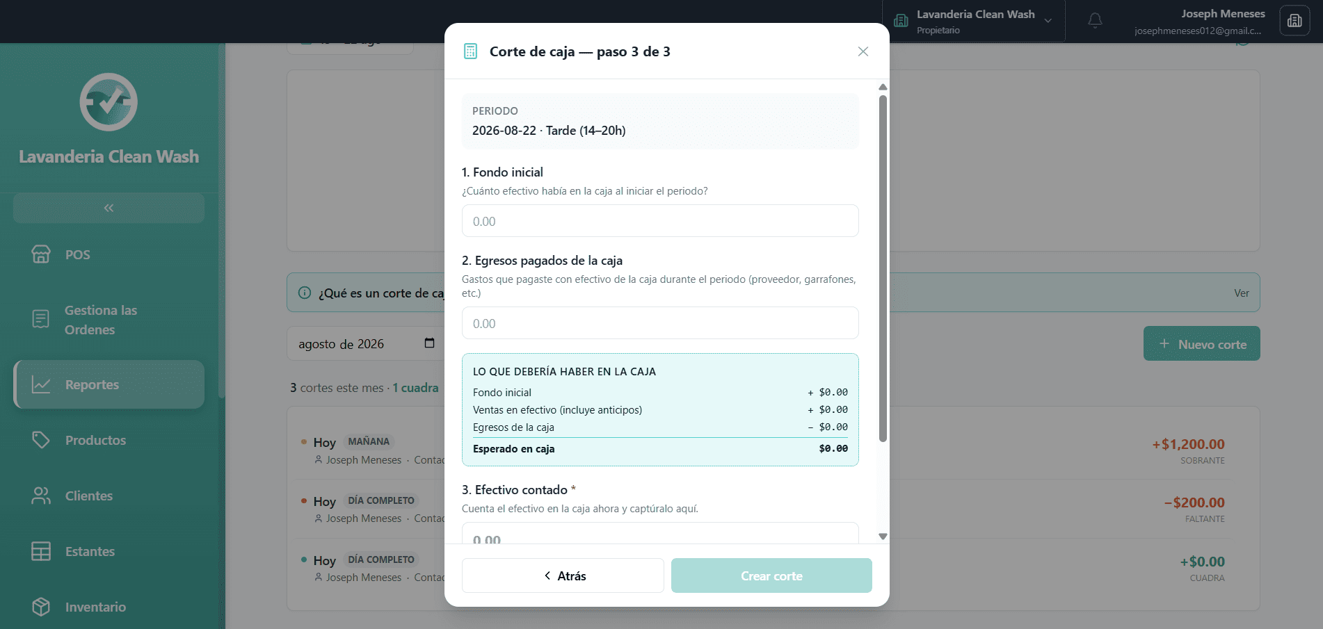 Sección para realizar el corte de caja y completar el reporte diario