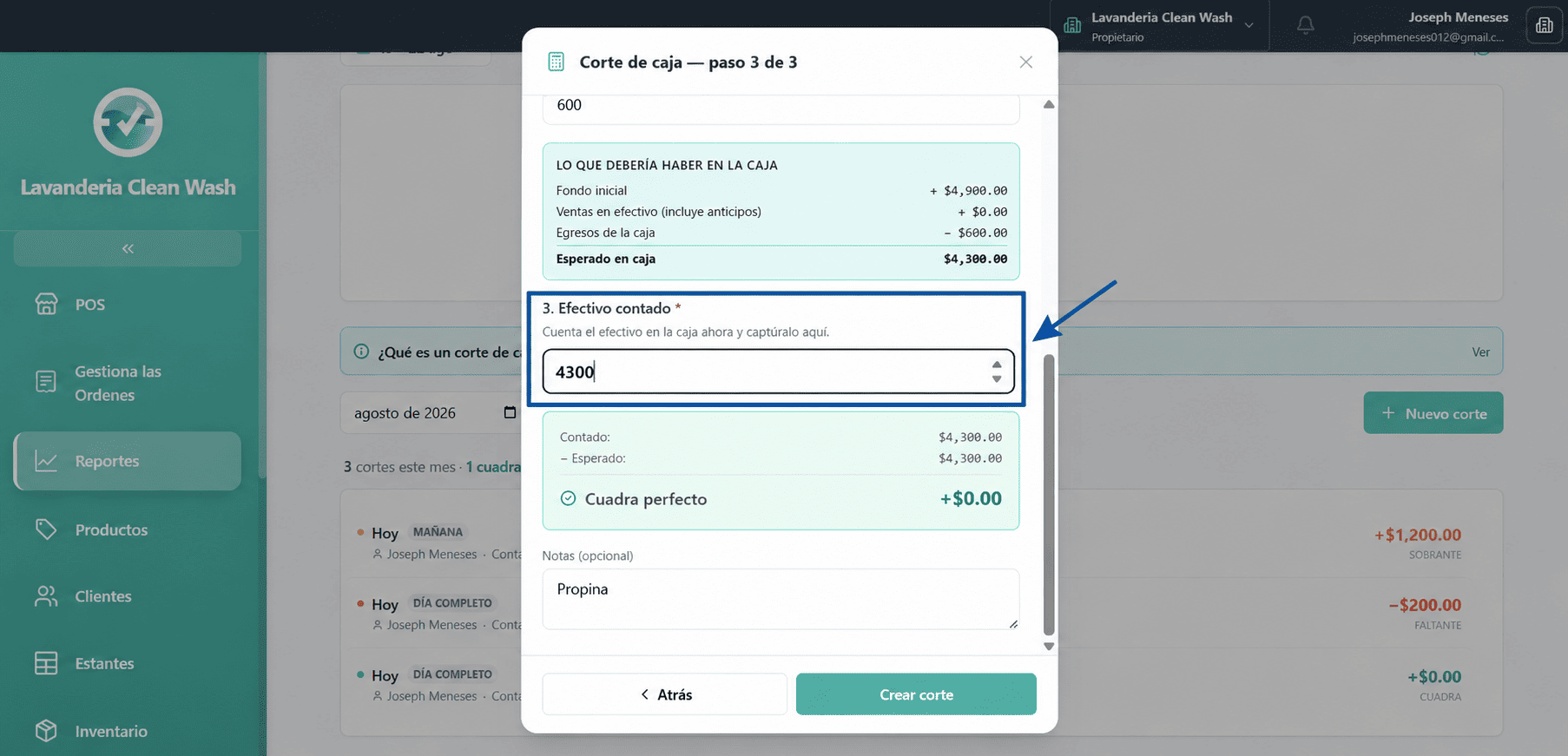 sección de caja mostrando el dinero disponible después de las operaciones del día