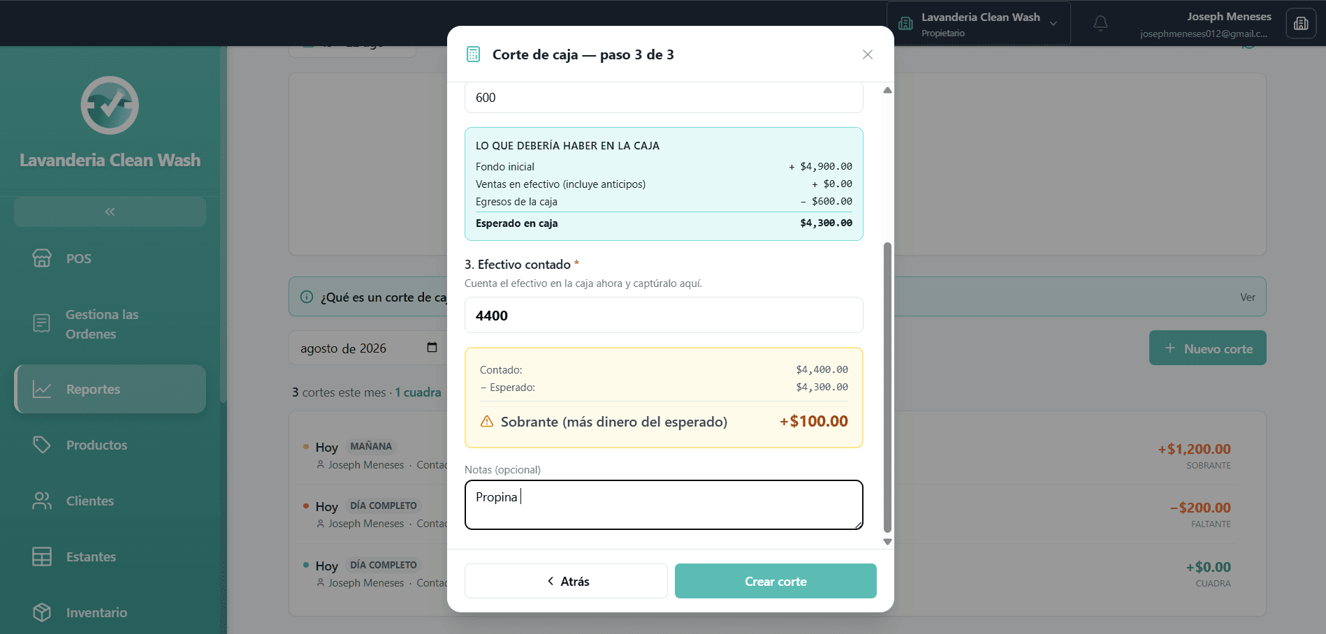 Sección de ingresos del día mostrando el dinero recibido