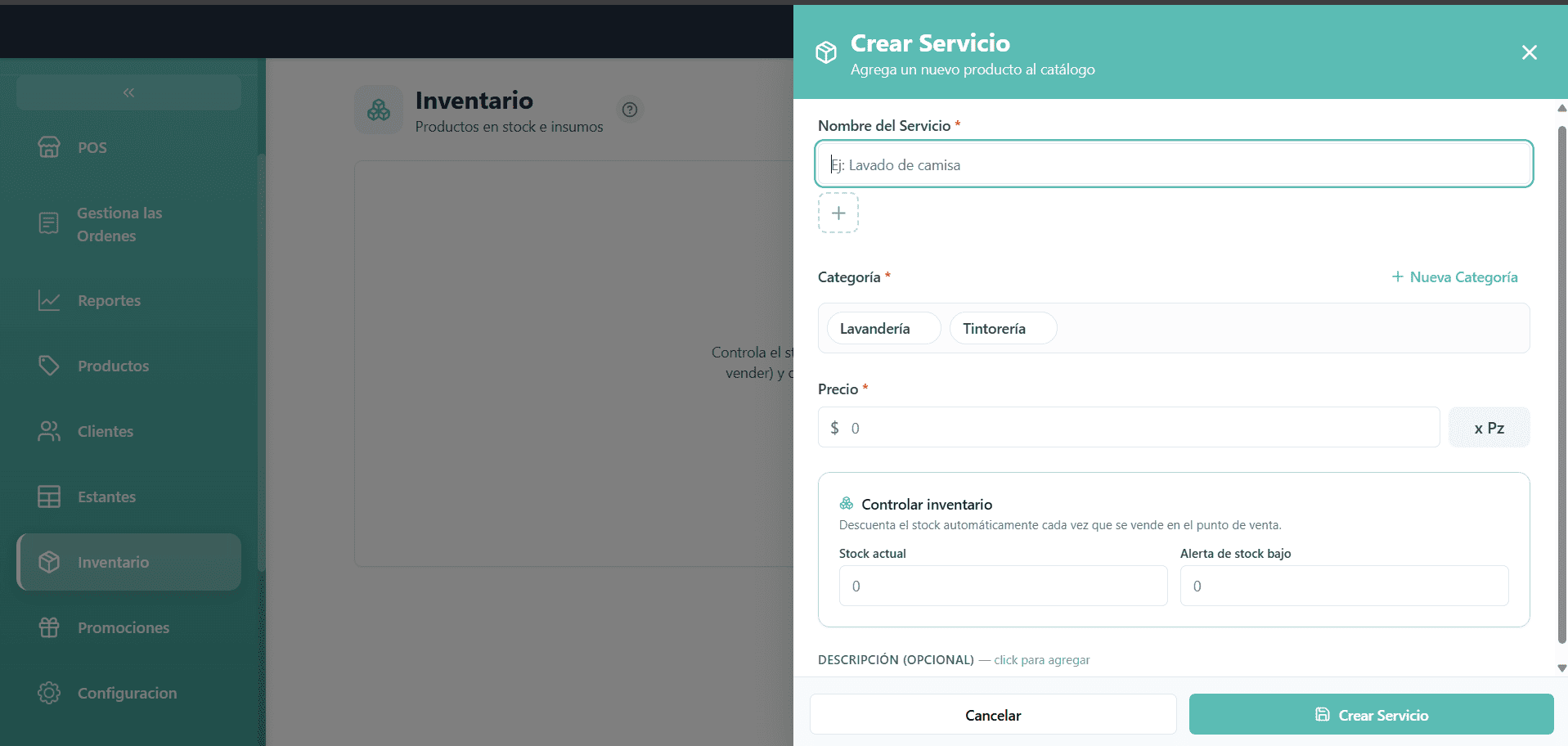 Formulario de crear insumo con campos para nombre, unidad, stock mínimo y costo opcional