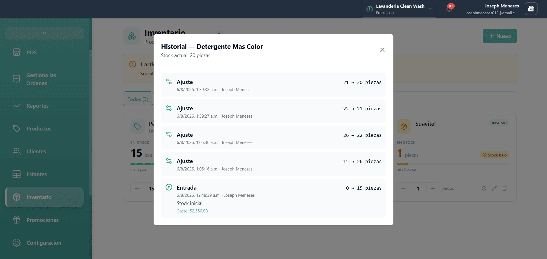 Modal de historial de movimientos con la lista cronológica de cambios