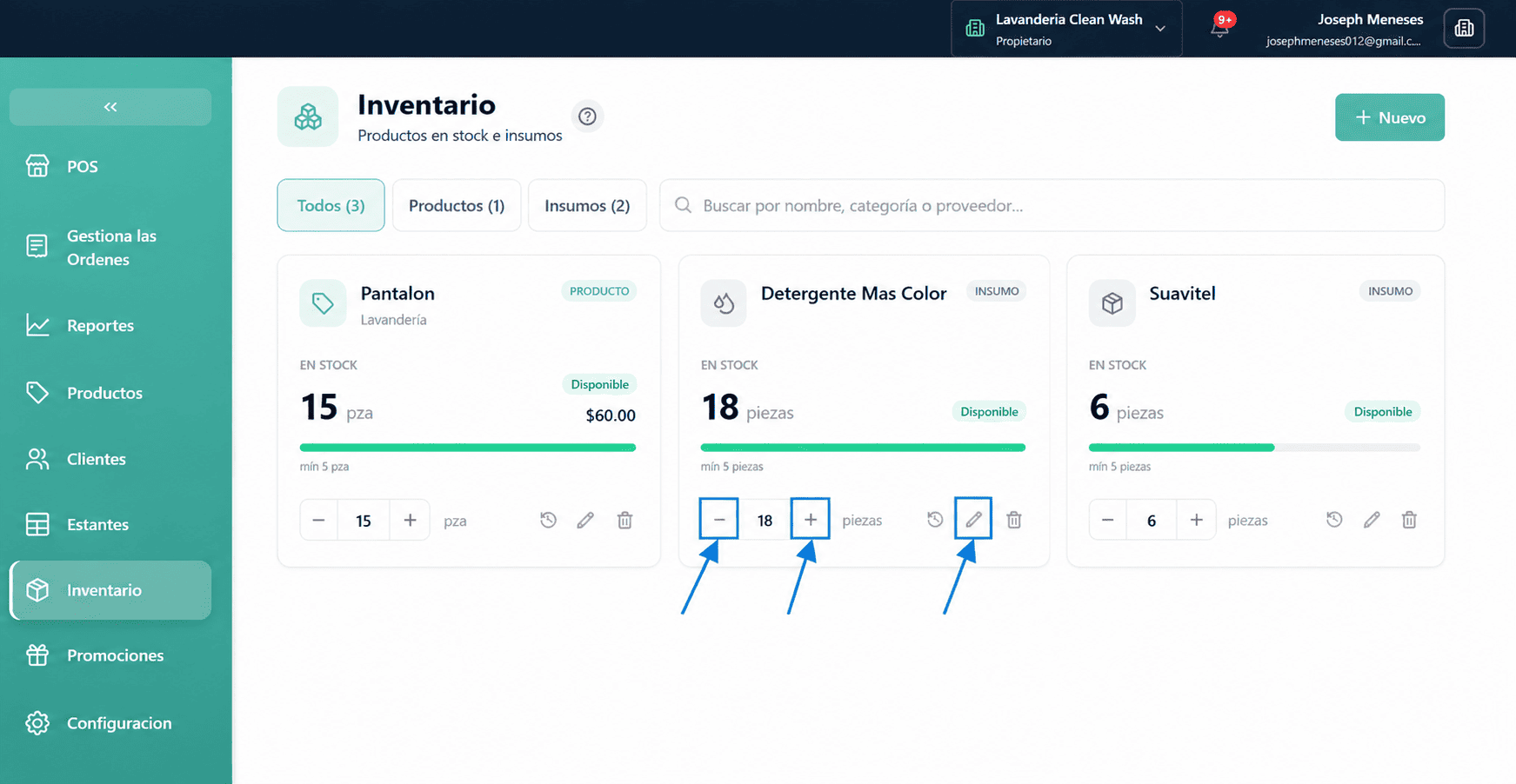 Modal de movimiento con tres botones para entrada, salida y ajuste