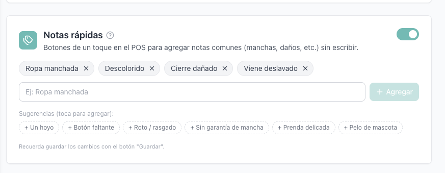 Tarjeta de configuración de Notas rápidas con el switch encendido, la lista de chips y el campo para agregar