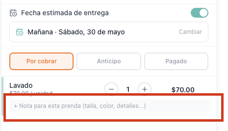 Artículo del carrito con el botón "+ Nota para esta prenda" resaltado