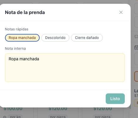 Popup "Nota de la prenda" con los chips de notas rápidas y el campo de texto