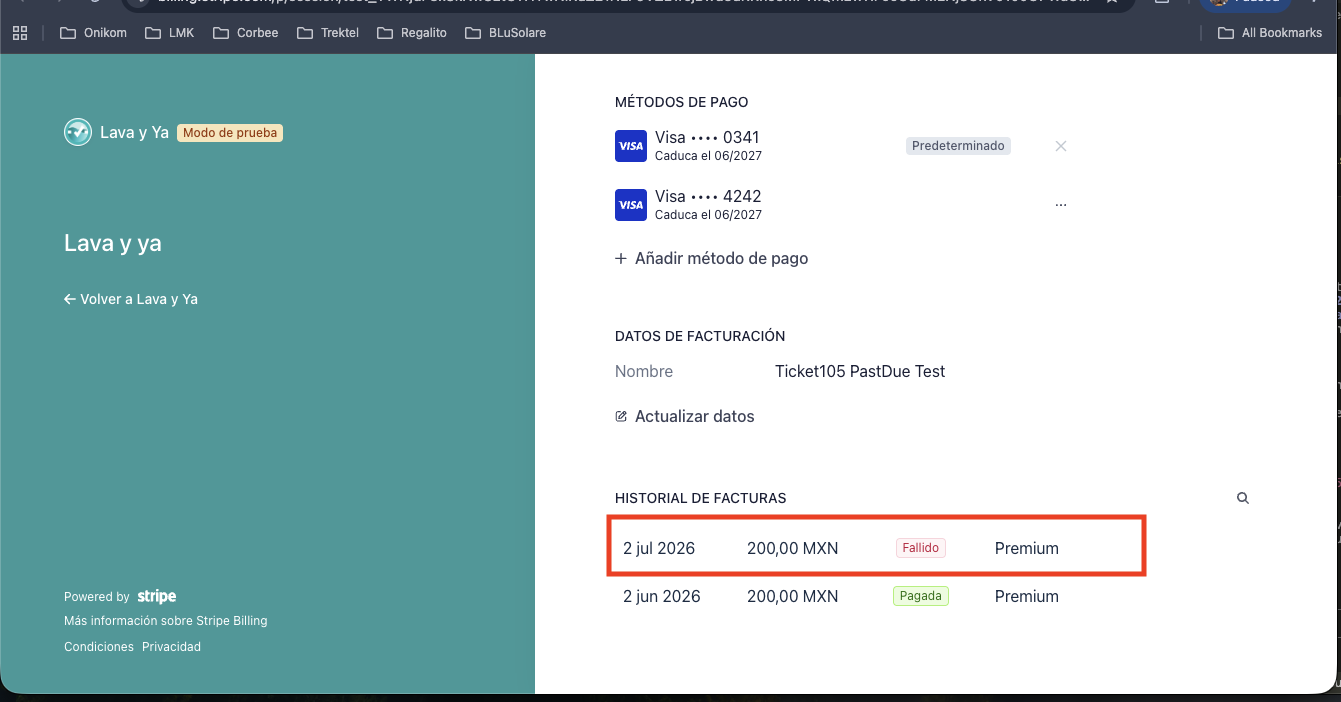 Portal de facturación de Stripe mostrando el historial de facturas con un cobro fallido resaltado