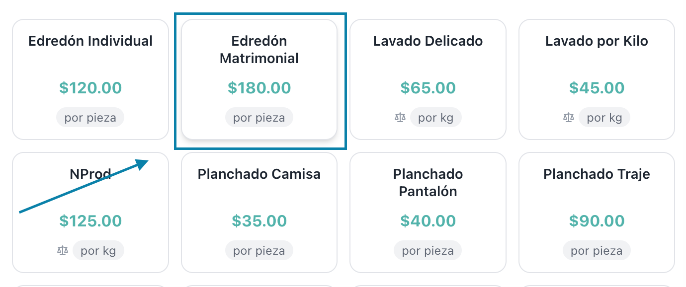 Catálogo de servicios con categorías como Lavado, Secado y Planchado