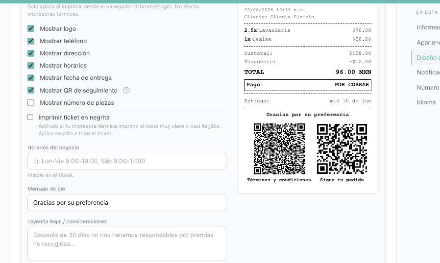Configuración de diseño de ticket con la opción "Mostrar QR de seguimiento" activada y la vista previa mostrando el QR en el ticket