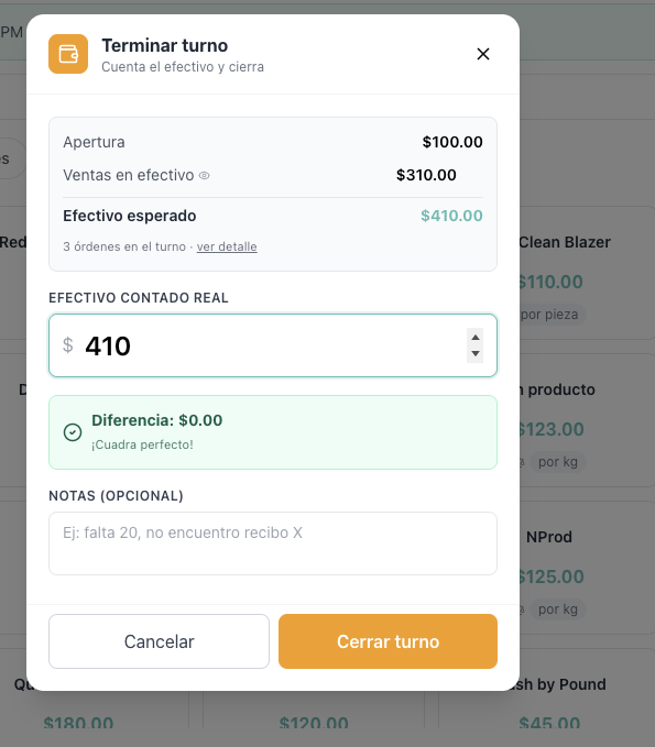 Modal de cerrar turno con monto contado igual al esperado y mensaje "¡Cuadra perfecto!"