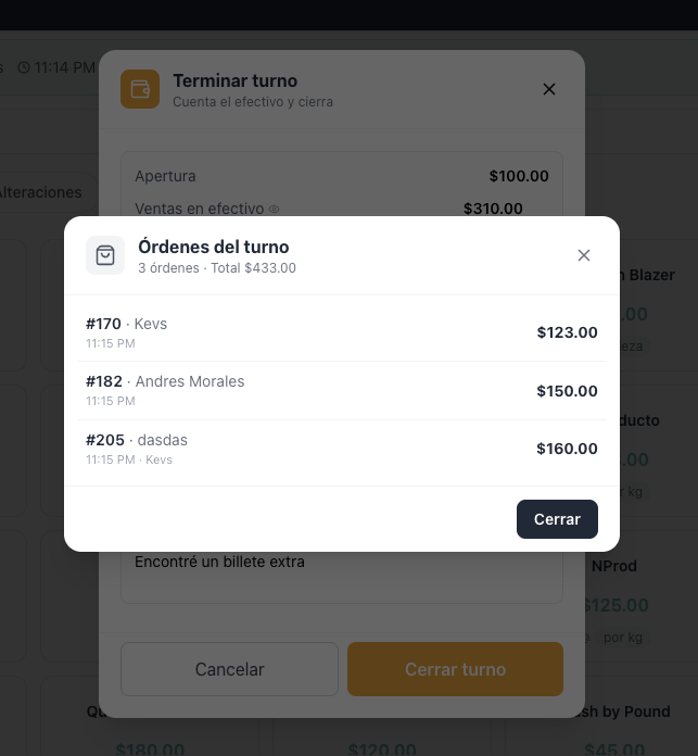 Modal de cerrar turno con un sub-modal listando las 3 órdenes del turno