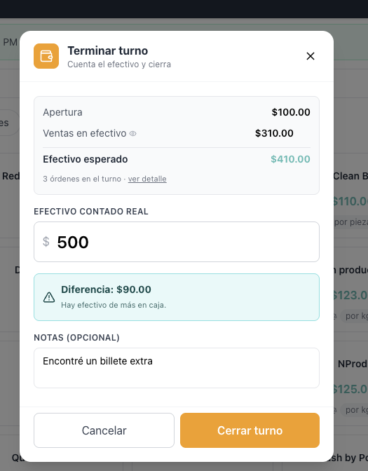 Modal de cerrar turno con $90 de sobrante y nota explicativa