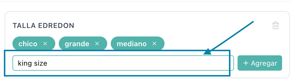 Tarjeta del tipo con tres pastillas y el input agregando "king size"