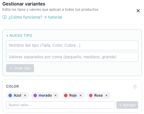 Modal de Gestionar Variantes mostrando el tipo Color con círculos de colores y el formulario para crear nuevos tipos