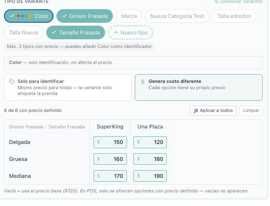 Edición de producto mostrando el selector de modo de precio — "Solo para identificar" a la izquierda y "Genera costo diferente" seleccionado a la derecha, con nota indicando que Color es solo identificación