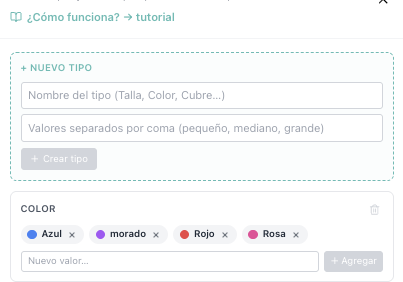 Tarjeta del tipo Color mostrando Azul, morado, Rojo, Rosa como pastillas con círculos de color