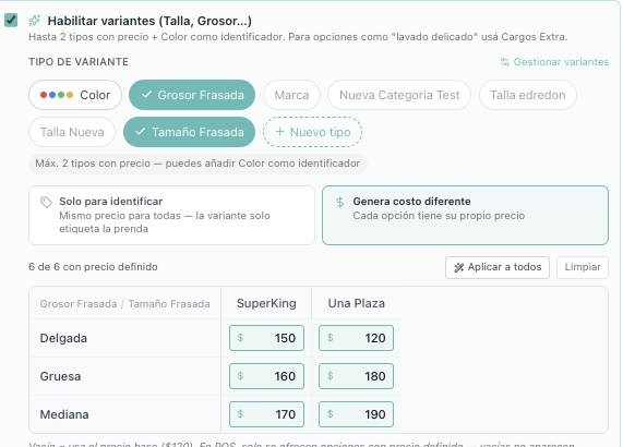 Edición de producto mostrando Grosor Frasada y Tamaño Frasada seleccionados, modo de precio "Genera costo diferente", y matriz 2D con precios de $120 a $190