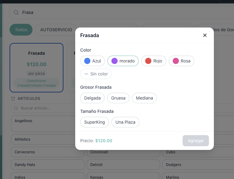 Selector de variantes en POS mostrando Color con círculos (Azul, morado, Rojo, Rosa), Grosor Frasada y Tamaño Frasada con precio en vivo de $120