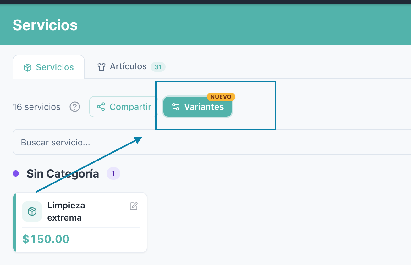 Toolbar de Productos con el botón Variantes resaltado