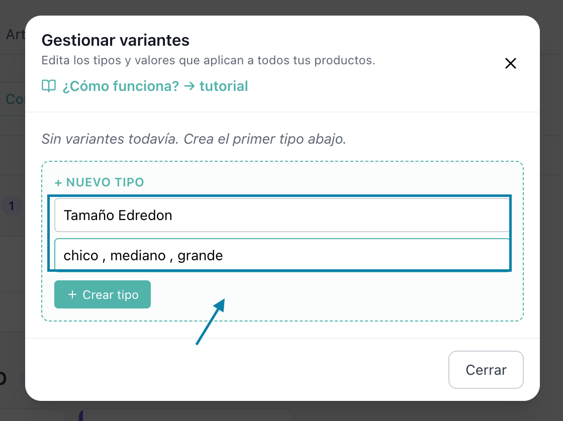 Formulario de nuevo tipo con Tamaño Edredon como nombre y chico, mediano, grande como valores