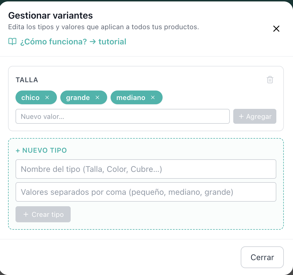 Modal de gestionar variantes mostrando el tipo Talla con valores chico, grande, mediano