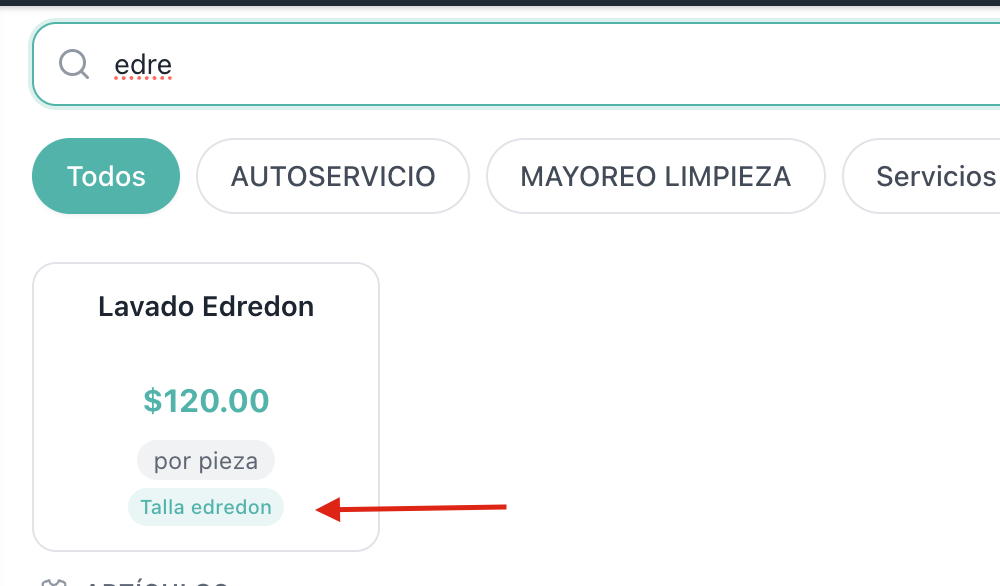 Tarjeta de producto en POS con el badge de variante resaltado