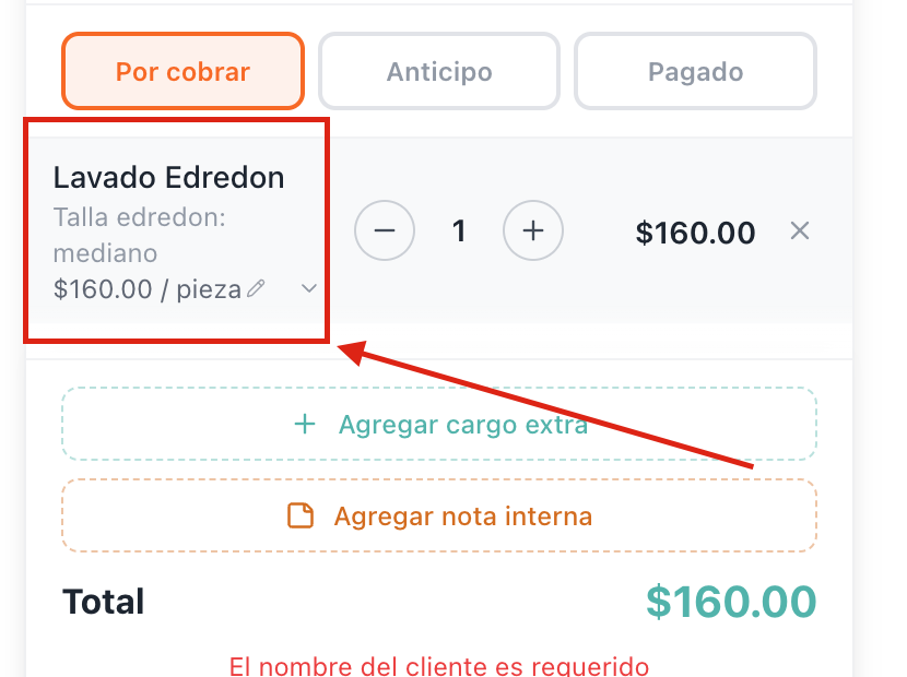 Línea del carrito con el servicio, la variante "Talla edredon: mediano" y precio $160