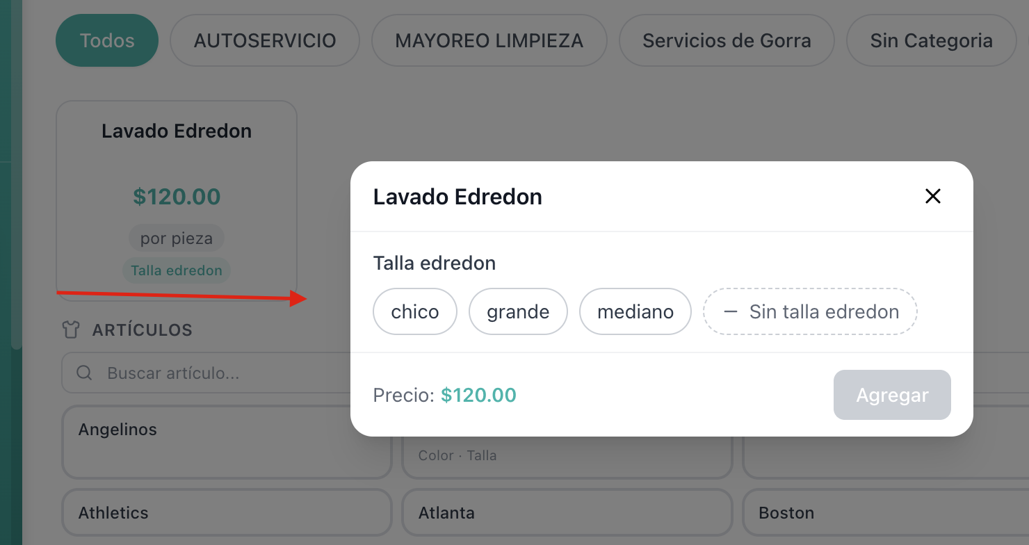 Selector POS con pastillas de talla y preview del precio