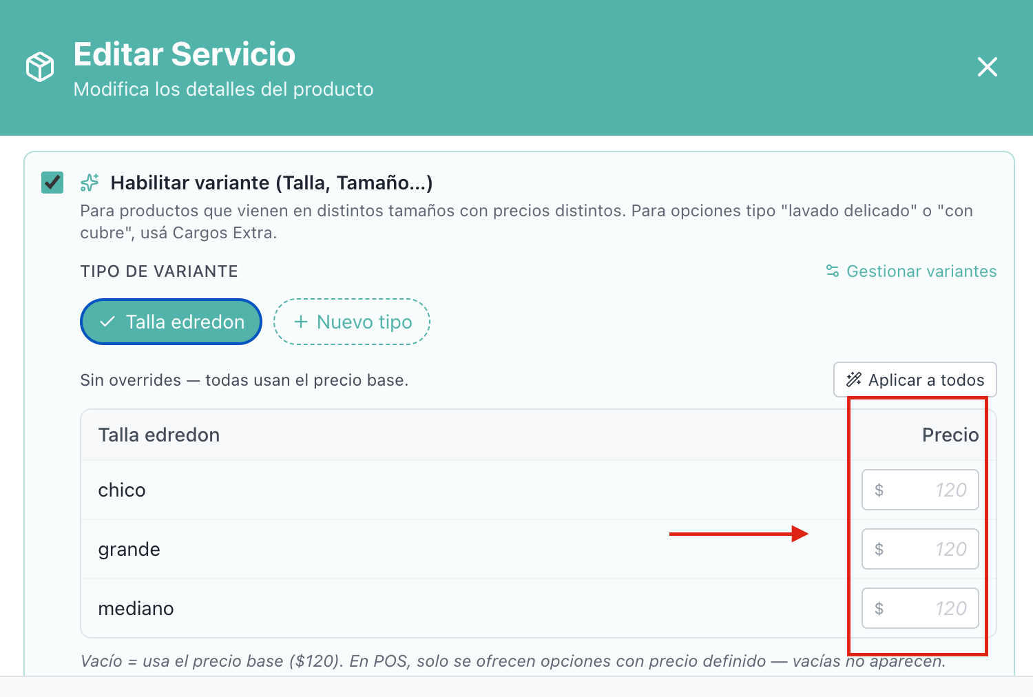 Tabla de precios con tres filas: chico, grande, mediano con placeholder $120
