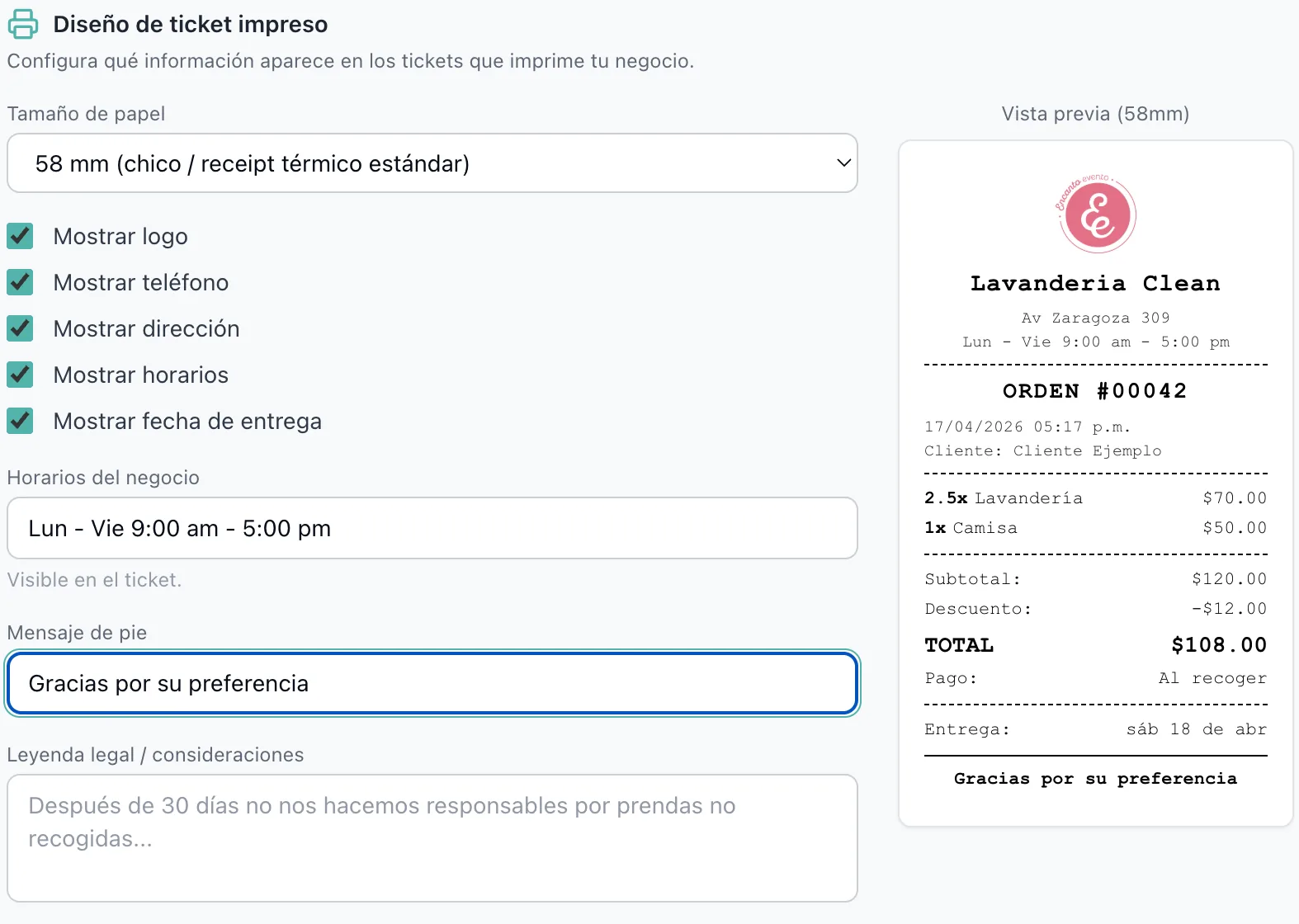 Dry cleaning ticket design interface with live preview